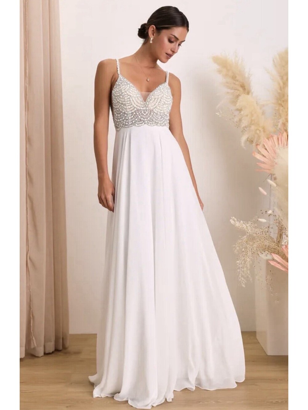 Lulus Luxe True Love White Beaded Rhinestone Maxi Dress Size 4 Women's Wedding
